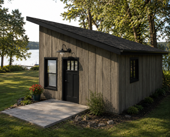Modern black farmhouse exterior design concept, front approach and lakeside living