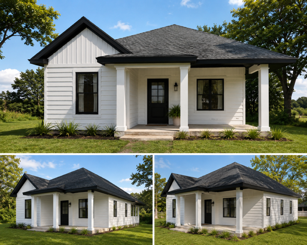 Dark board-and-batten lakeside studio exterior design concept