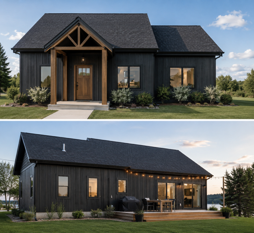 Modern farmhouse exterior design concept shown in daytime and at dusk