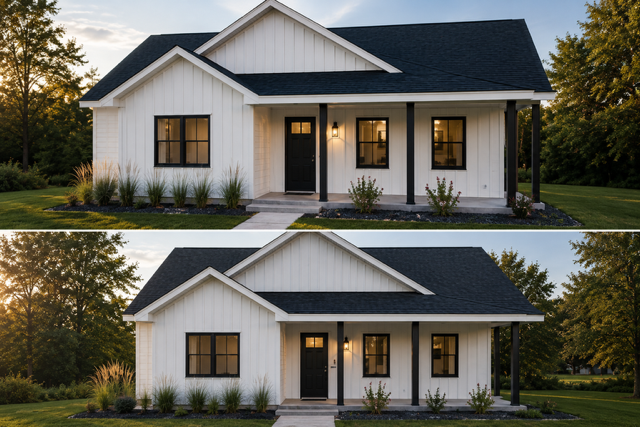 Classic white farmhouse exterior design concept shown from three angles