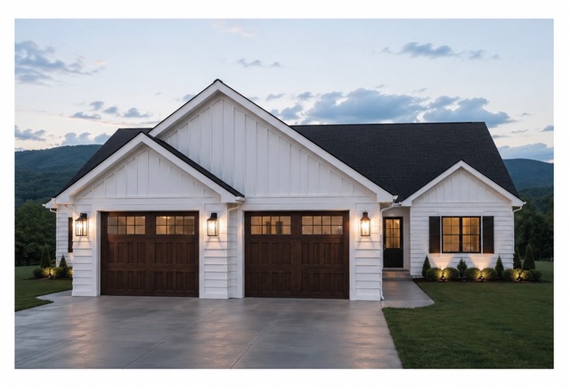 Farmhouse exterior design concept with attached two-car garage at dusk